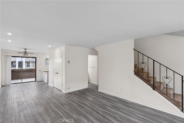 10249 Black Mountain Rd Unit Q3, San Diego, CA 92126 - unfurnished living room with wood finished floors, stairs, a ceiling fan, and recessed lighting