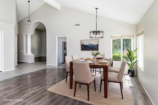 30602 Colina Verde St, Temecula, CA 92592 - dining area featuring wood finished floors, high vaulted ceiling, arched walkways, a chandelier, and beam ceiling