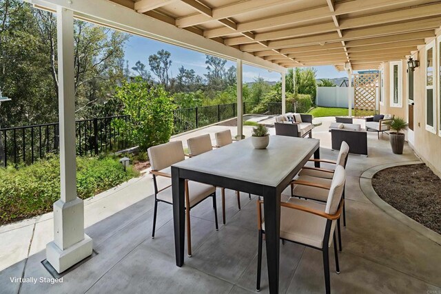 30602 Colina Verde St, Temecula, CA 92592 - fenced backyard featuring an outdoor hangout area, a patio, and outdoor dining area