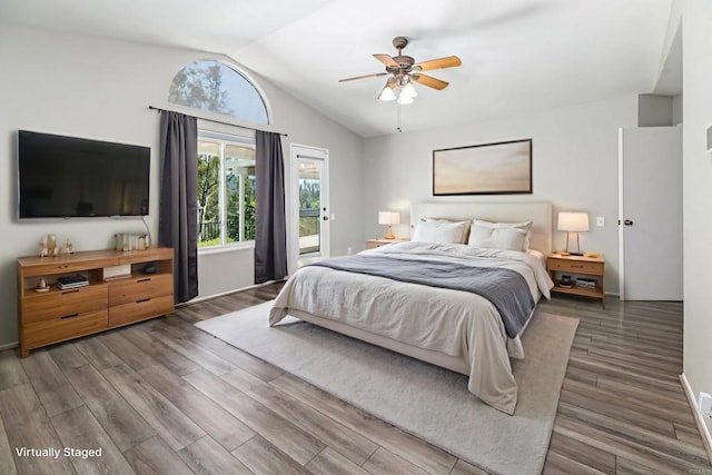 30602 Colina Verde St, Temecula, CA 92592 - bedroom with lofted ceiling, wood finished floors, access to outside, and ceiling fan