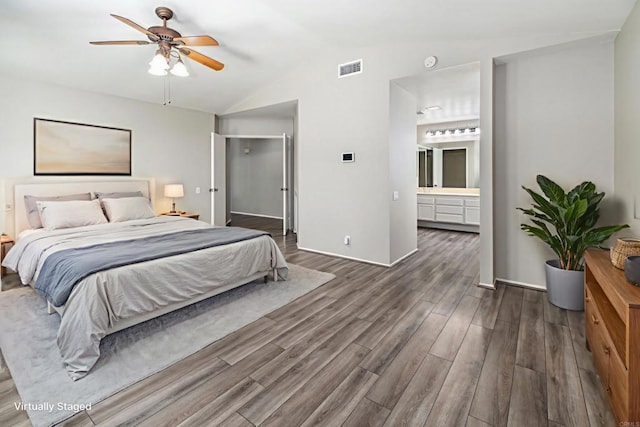 30602 Colina Verde St, Temecula, CA 92592 - bedroom with vaulted ceiling, wood finished floors, ensuite bathroom, and ceiling fan