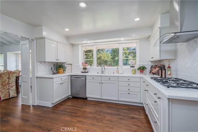 3131 E Cortez St, West Covina, CA 91791 - kitchen featuring stainless steel dishwasher, wall chimney exhaust hood, white gas cooktop, decorative backsplash, and light countertops