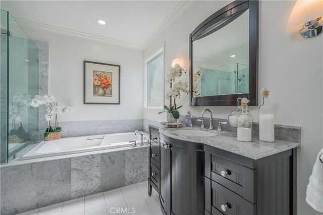 3131 E Cortez St, West Covina, CA 91791 - bathroom with a garden tub, vanity, tile patterned floors, crown molding, and a shower with door