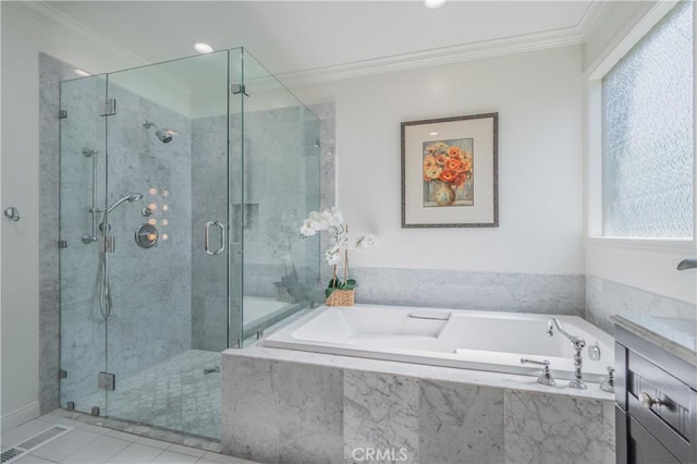 3131 E Cortez St, West Covina, CA 91791 - bathroom featuring a garden tub, a stall shower, tile patterned flooring, crown molding, and recessed lighting