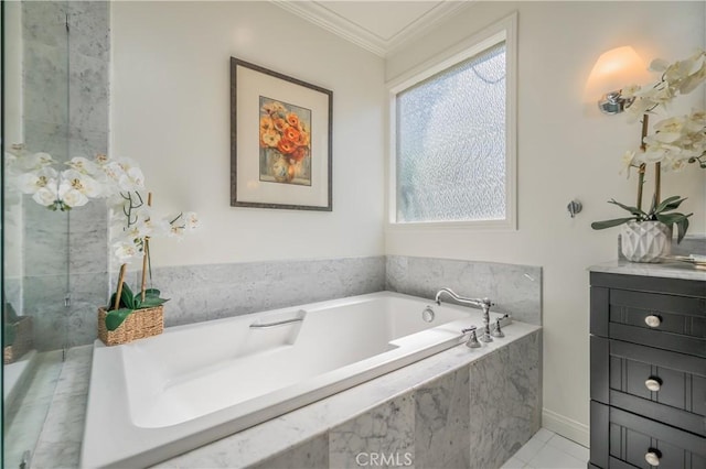 3131 E Cortez St, West Covina, CA 91791 - bathroom with ornamental molding, vanity, a garden tub, and tile patterned floors