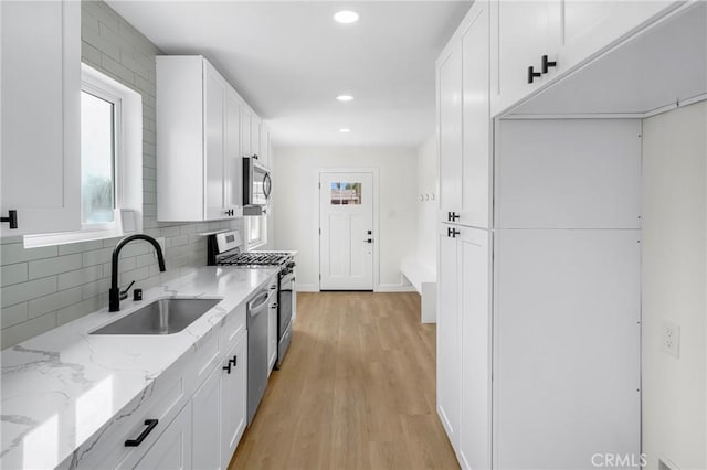 4713 Calada Ave, Pico Rivera, CA 90660 - kitchen featuring appliances with stainless steel finishes, plenty of natural light, white cabinets, tasteful backsplash, and recessed lighting