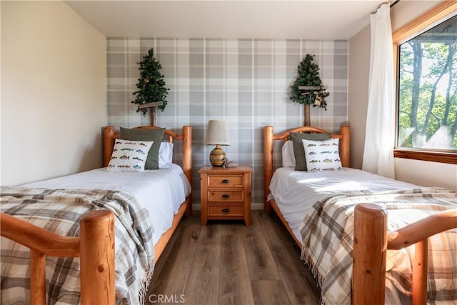 1244 St Anton Dr, Lake Arrowhead, CA 92352 - bedroom featuring wood finished floors, multiple windows, and wallpapered walls