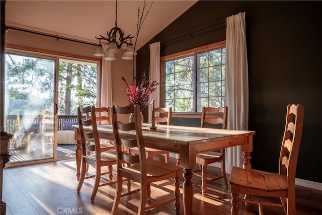 1244 St Anton Dr, Lake Arrowhead, CA 92352 - dining room with a chandelier, wood finished floors, and vaulted ceiling