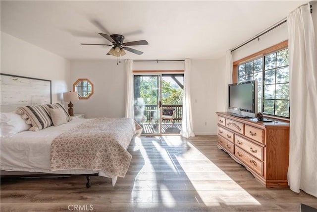 1244 St Anton Dr, Lake Arrowhead, CA 92352 - bedroom with access to outside, wood finished floors, and ceiling fan