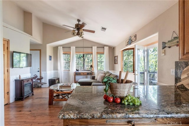 1244 St Anton Dr, Lake Arrowhead, CA 92352 - living room with lofted ceiling, a ceiling fan, and wood finished floors