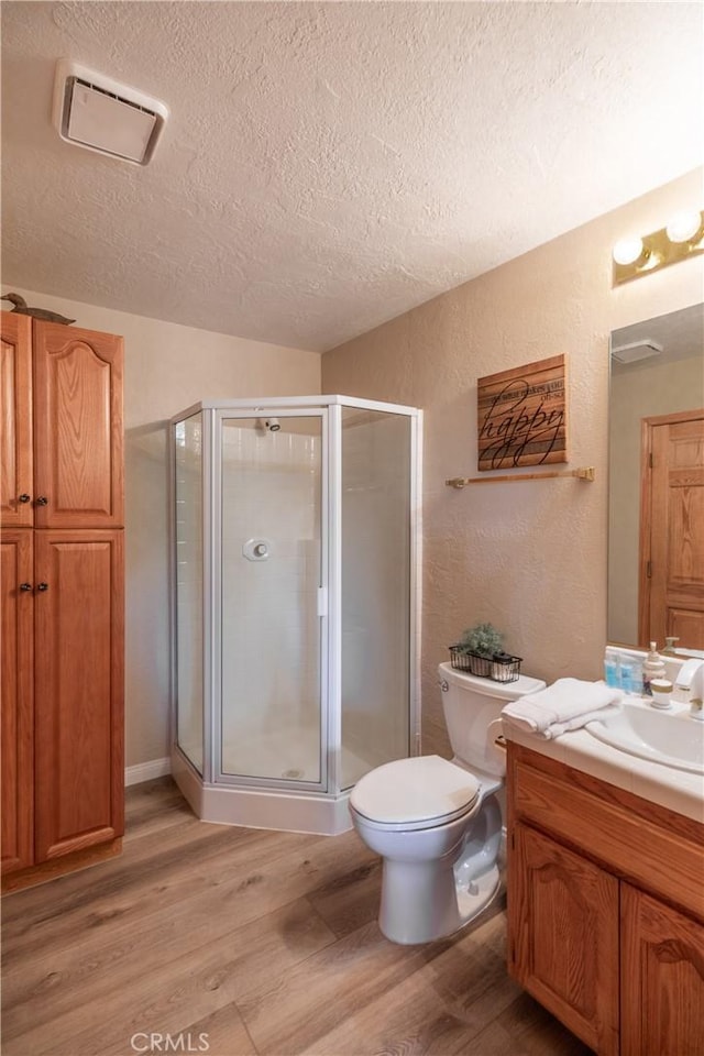 1244 St Anton Dr, Lake Arrowhead, CA 92352 - full bath featuring a textured ceiling, wood finished floors, vanity, a shower stall, and a textured wall
