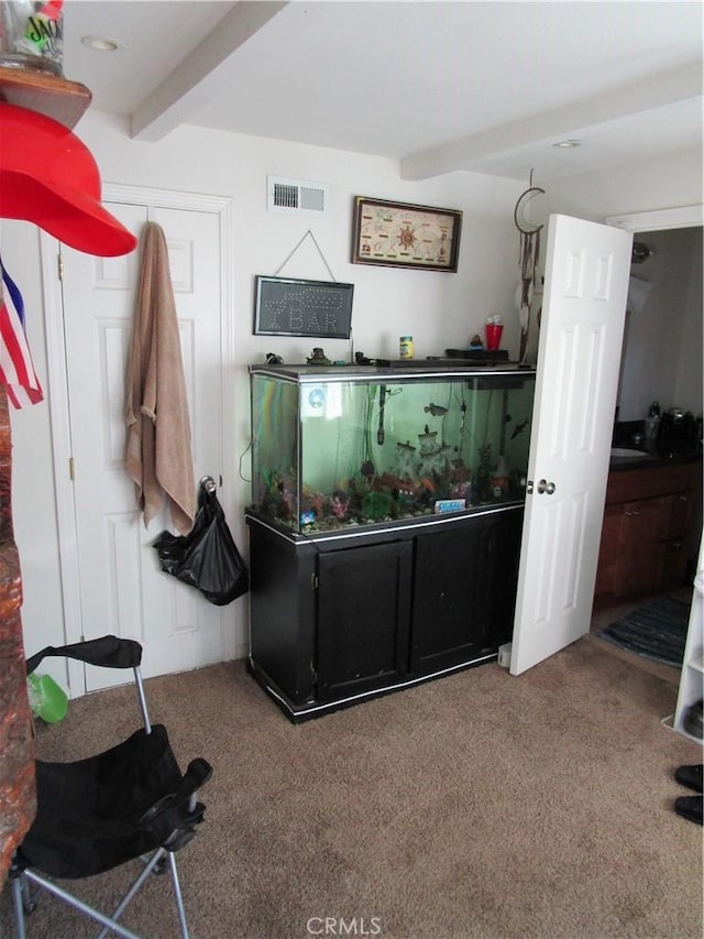2493 Palo Alto Way, Running Springs, CA 92382 - carpeted living area featuring beamed ceiling