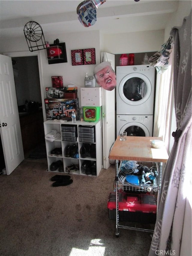 2493 Palo Alto Way, Running Springs, CA 92382 - laundry area with stacked washer / drying machine and carpet flooring
