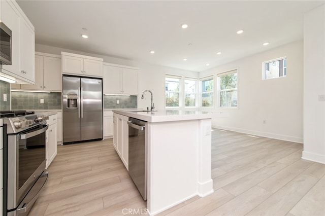 474 Lobata, Irvine, CA 92618 - kitchen featuring appliances with stainless steel finishes, light wood-style flooring, decorative backsplash, light countertops, and recessed lighting