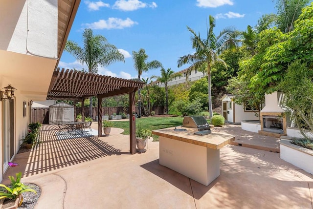 3903 Cadden Way, San Diego, CA 92117 - fenced backyard with a storage shed, a patio area, a pergola, exterior kitchen, and exterior fireplace