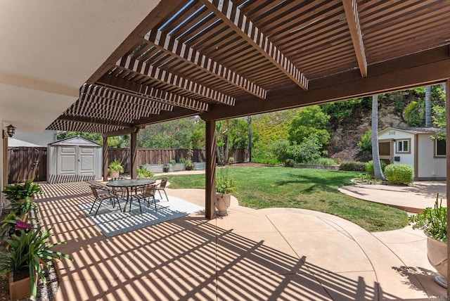 3903 Cadden Way, San Diego, CA 92117 - fenced backyard with a shed, a patio, a pergola, and outdoor dining area