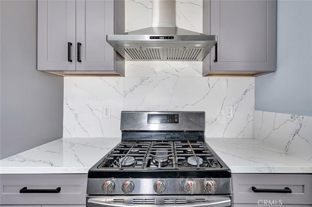 2246 Beachwood Dr, Merced, CA 95348 - kitchen featuring stainless steel range with gas cooktop, wall chimney range hood, gray cabinetry, and backsplash