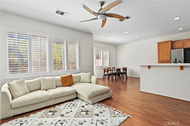 27664 Cordovan Dr, Canyon Country, CA 91351 - living area featuring wood finished floors, a ceiling fan, and recessed lighting