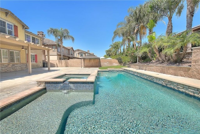12790 Golden Leaf Dr, Rancho Cucamonga, CA 91739 - view of pool featuring a patio area, a fenced backyard, a pool with connected hot tub, ceiling fan, and a residential view