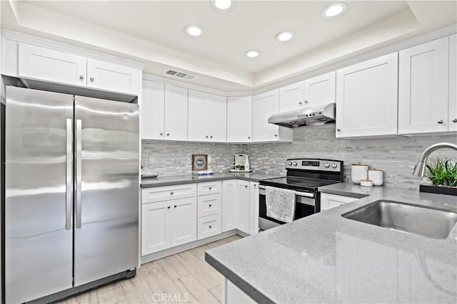 4366 Fairview Ave Unit 6, Arcadia, CA 91007 - kitchen with appliances with stainless steel finishes, under cabinet range hood, a raised ceiling, white cabinets, and recessed lighting