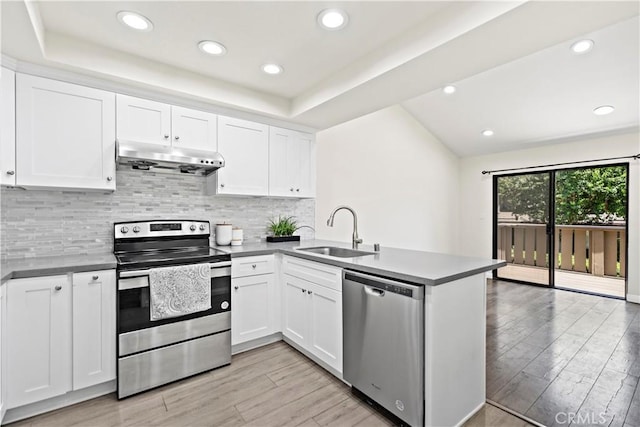 4366 Fairview Ave Unit 6, Arcadia, CA 91007 - kitchen with appliances with stainless steel finishes, under cabinet range hood, a peninsula, light wood-type flooring, and decorative backsplash