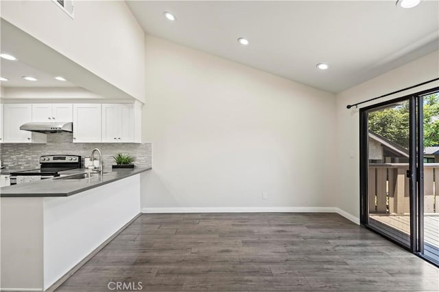4366 Fairview Ave Unit 6, Arcadia, CA 91007 - kitchen featuring dark wood finished floors, electric stove, under cabinet range hood, tasteful backsplash, and white cabinets