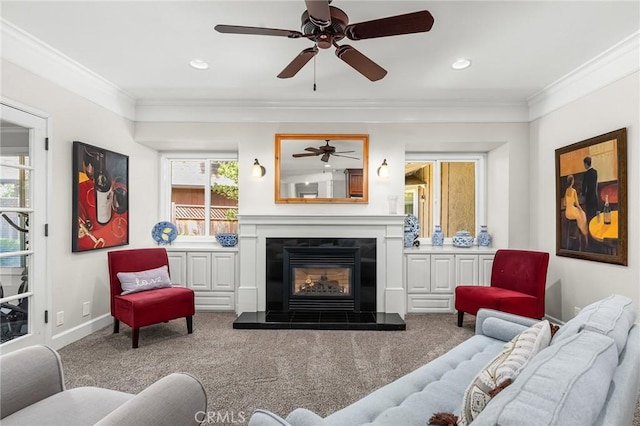 45 Covell Park Ave, Chico, CA 95926 - living room featuring ornamental molding, carpet floors, ceiling fan, a glass covered fireplace, and recessed lighting