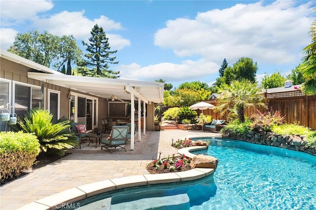 45 Covell Park Ave, Chico, CA 95926 - view of pool featuring a fenced backyard, a patio, and a ceiling fan
