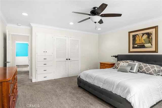 45 Covell Park Ave, Chico, CA 95926 - carpeted bedroom with a closet, ornamental molding, recessed lighting, and a ceiling fan