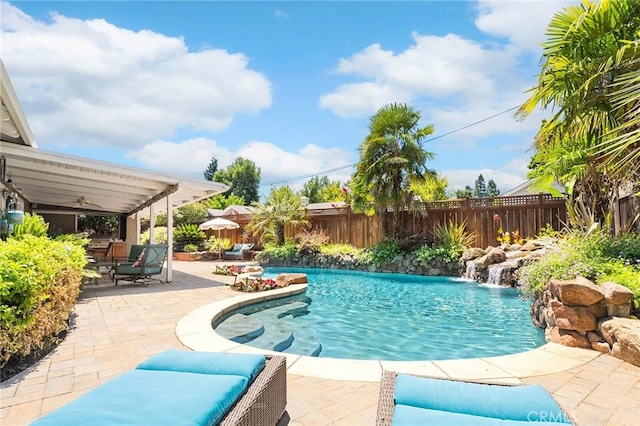 45 Covell Park Ave, Chico, CA 95926 - view of pool with a fenced backyard, a patio area, and a ceiling fan