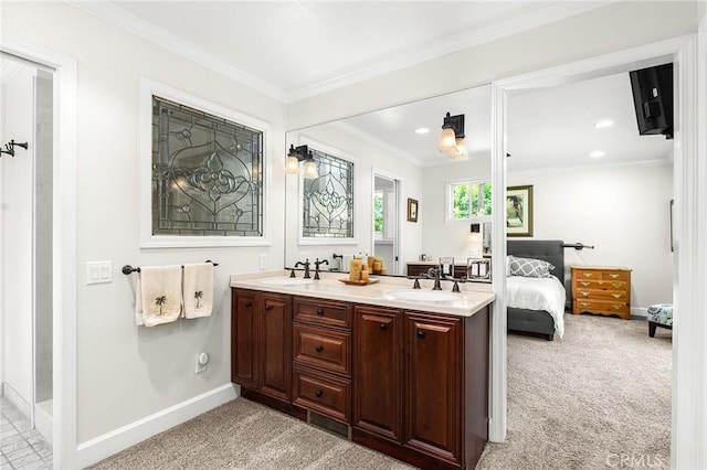 45 Covell Park Ave, Chico, CA 95926 - ensuite bathroom featuring double vanity, crown molding, and recessed lighting
