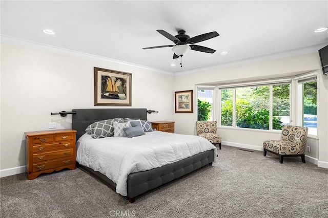 45 Covell Park Ave, Chico, CA 95926 - bedroom with carpet, crown molding, multiple windows, recessed lighting, and ceiling fan
