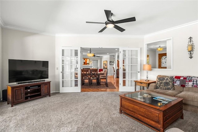 45 Covell Park Ave, Chico, CA 95926 - living room with french doors, a ceiling fan, ornamental molding, and carpet flooring