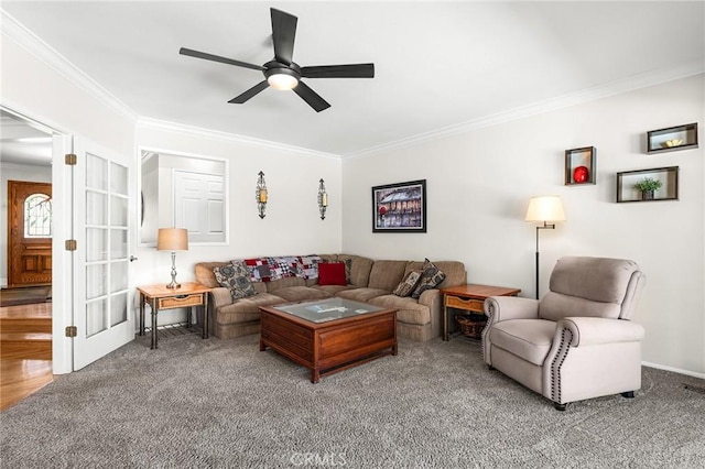 45 Covell Park Ave, Chico, CA 95926 - living room featuring crown molding, ceiling fan, and carpet floors