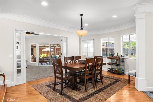 45 Covell Park Ave, Chico, CA 95926 - dining area featuring light wood-style floors, ornamental molding, recessed lighting, and ornate columns