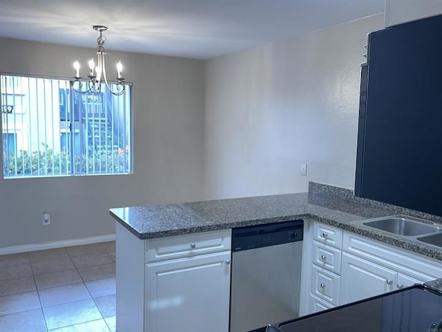17189 W Bernardo Dr W Unit 103, San Diego, CA 92127 - kitchen with stainless steel dishwasher, white cabinetry, a chandelier, a peninsula, and light tile patterned floors