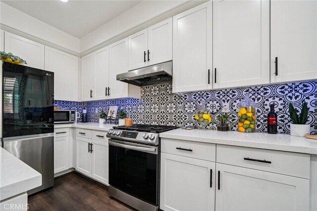 12400 Sarah Ct, El Monte, CA 91732 - kitchen featuring stainless steel appliances, under cabinet range hood, light countertops, and white cabinets