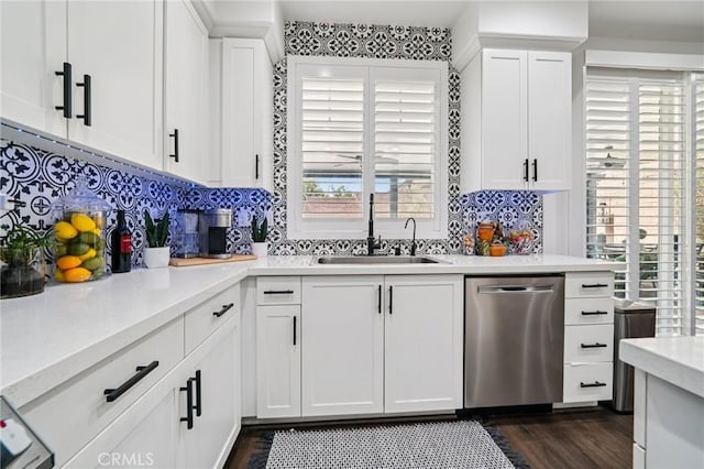 12400 Sarah Ct, El Monte, CA 91732 - kitchen with dishwasher, light countertops, dark wood finished floors, and white cabinets