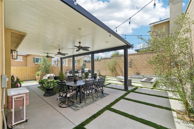 12400 Sarah Ct, El Monte, CA 91732 - fenced backyard featuring outdoor dining area, a patio area, and a ceiling fan