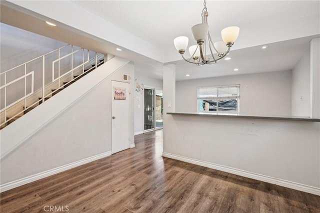 11052 1/2 Mcgirk Ave, El Monte, CA 91731 - unfurnished living room featuring wood finished floors, recessed lighting, a chandelier, and stairway