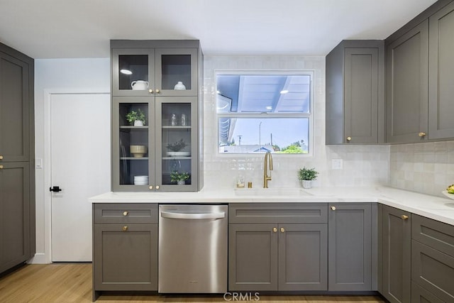 7830 Fairchild Ave, Winnetka, CA 91306 - kitchen featuring stainless steel dishwasher, gray cabinets, backsplash, and light wood finished floors