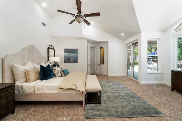 45200 Oak Manor Ct, Temecula, CA 92590 - carpeted bedroom featuring vaulted ceiling, access to exterior, ceiling fan, and recessed lighting