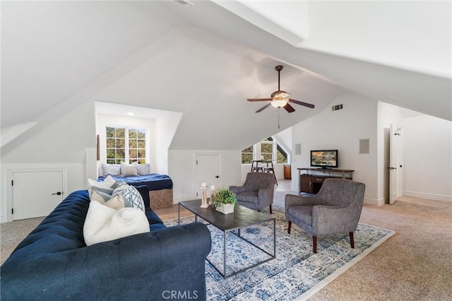 45200 Oak Manor Ct, Temecula, CA 92590 - living room with vaulted ceiling, light carpet, healthy amount of natural light, and a ceiling fan