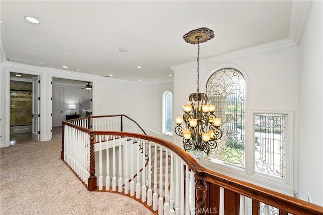 45200 Oak Manor Ct, Temecula, CA 92590 - corridor featuring an upstairs landing, ornamental molding, healthy amount of natural light, a chandelier, and carpet