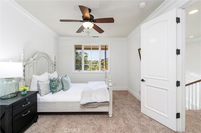 45200 Oak Manor Ct, Temecula, CA 92590 - bedroom with light carpet, crown molding, and ceiling fan