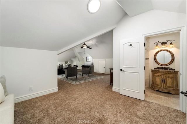 45200 Oak Manor Ct, Temecula, CA 92590 - additional living space with vaulted ceiling, carpet flooring, and a ceiling fan