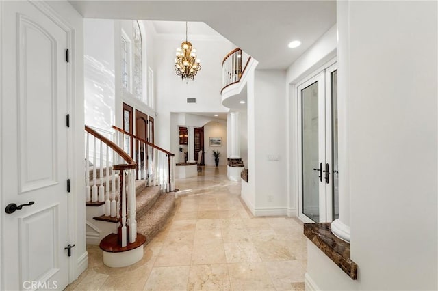 45200 Oak Manor Ct, Temecula, CA 92590 - foyer entrance with stairway, a chandelier, and a towering ceiling