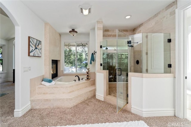 45200 Oak Manor Ct, Temecula, CA 92590 - full bathroom featuring a garden tub, a stall shower, and a fireplace