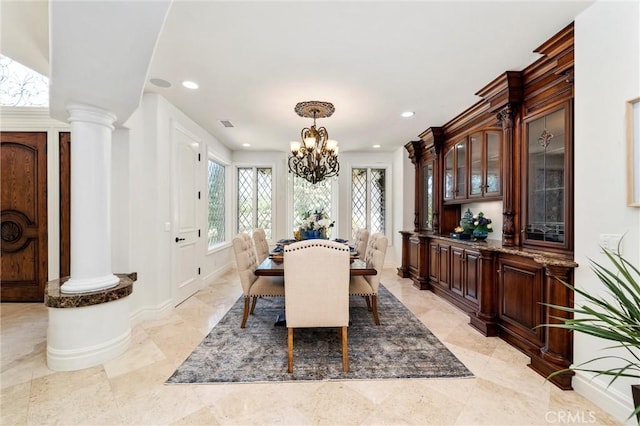 45200 Oak Manor Ct, Temecula, CA 92590 - dining space featuring a chandelier, ornate columns, and recessed lighting