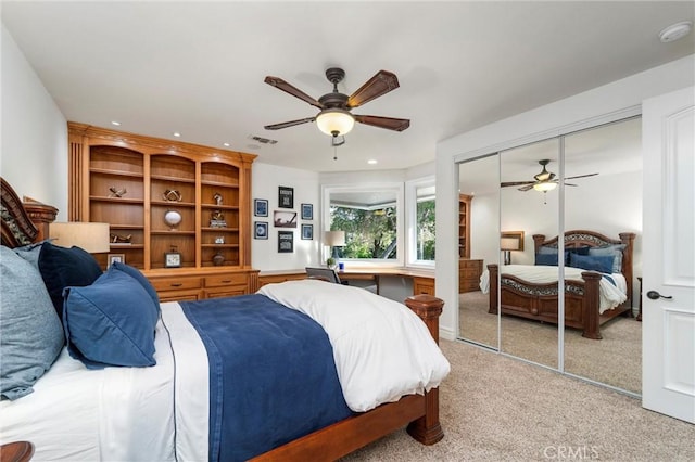 45200 Oak Manor Ct, Temecula, CA 92590 - bedroom with a closet, light colored carpet, a ceiling fan, and recessed lighting